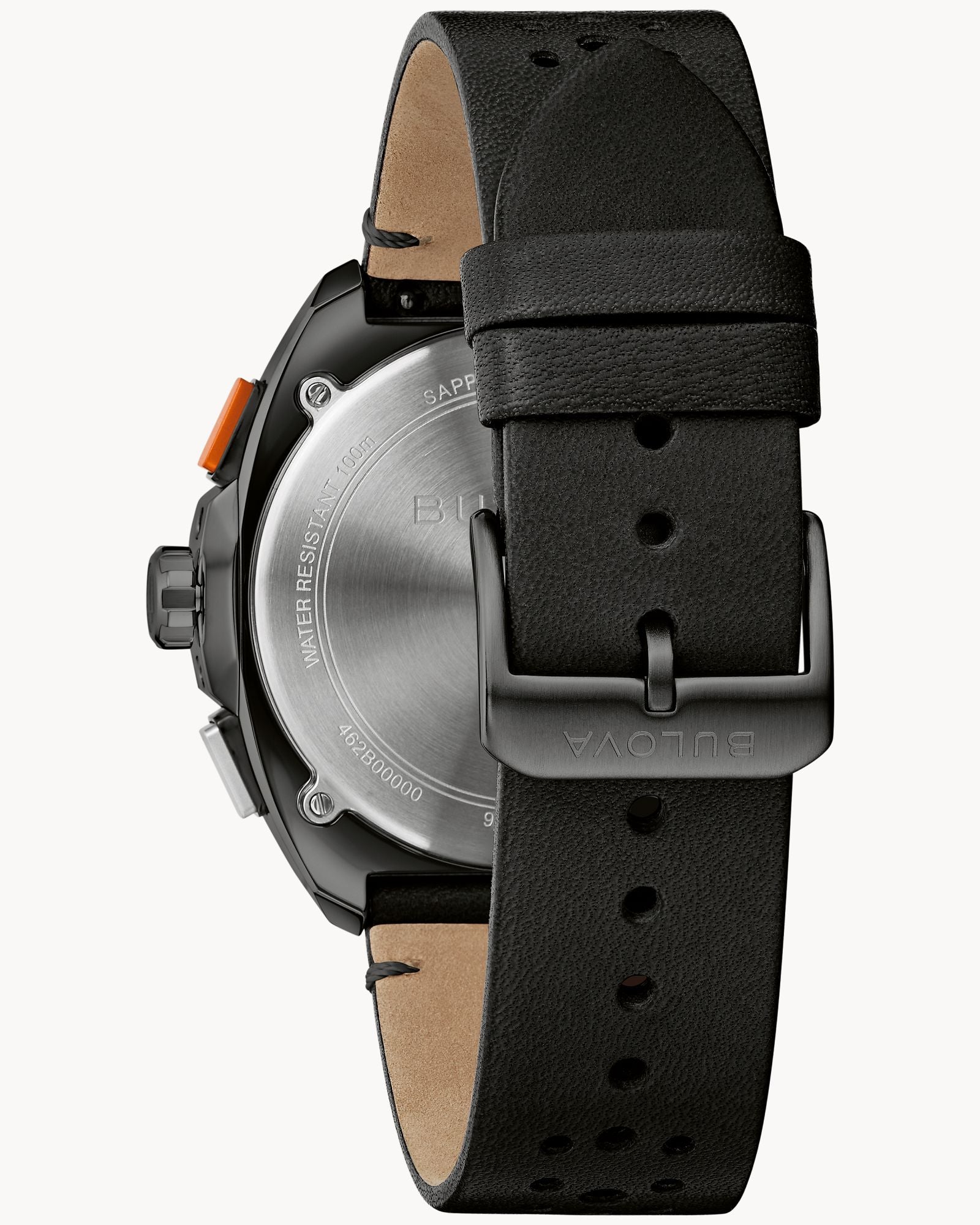 Reloj Bulova Racer 98B428 Hombre Cronógrafo Acero Negro Esfera Negra Detalles Naranja Correa Cuero