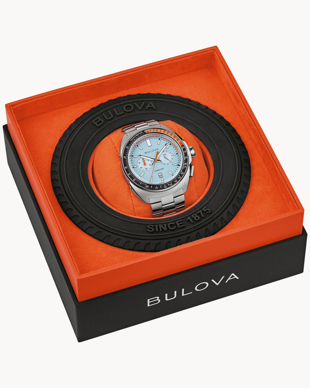 Reloj Bulova Racer 98B427 Hombre Cronógrafo Acero Inoxidable Esfera Negra Detalles Naranja Correa Cuero Marrón