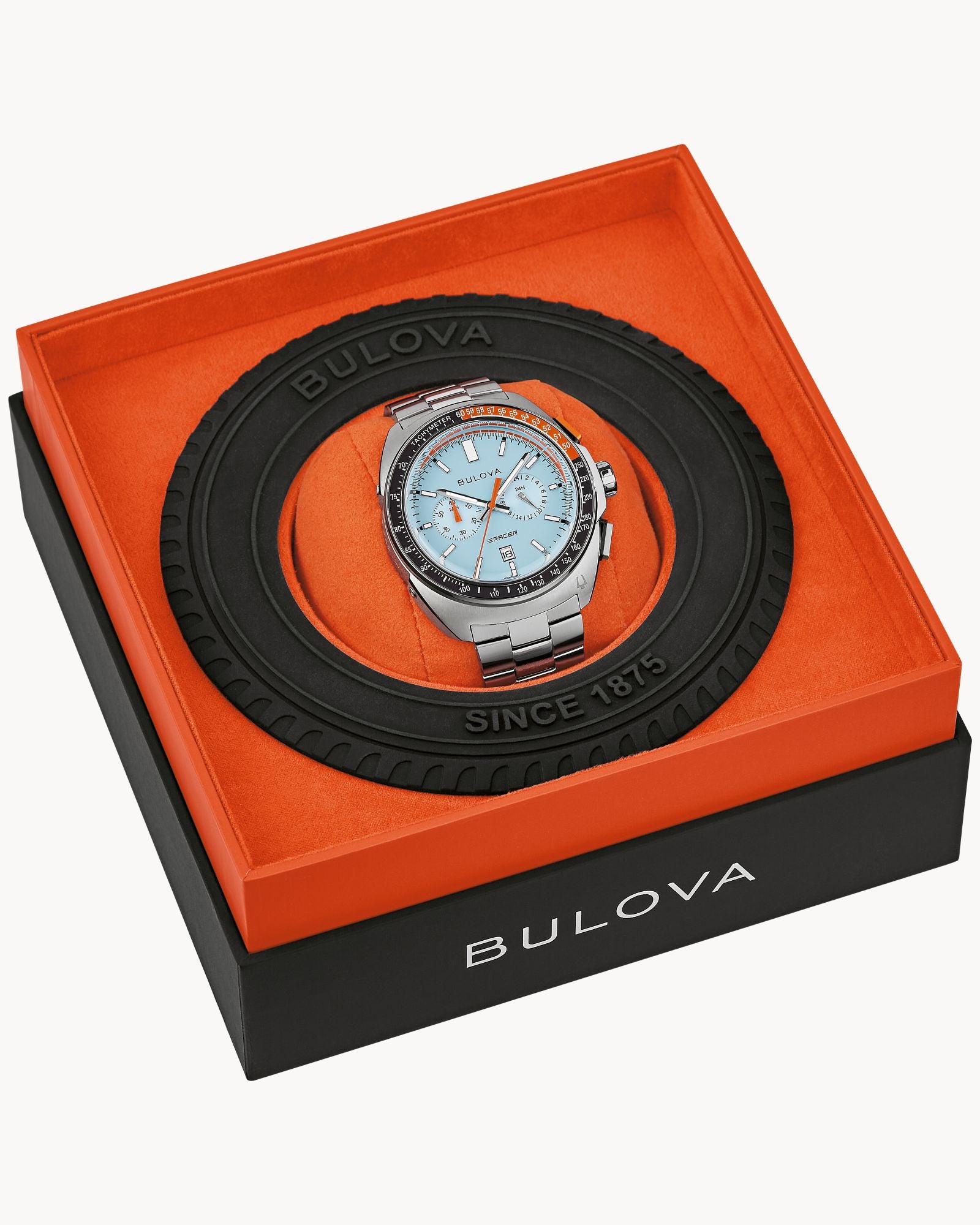 Reloj Bulova Racer 98B427 Hombre Cronógrafo Acero Inoxidable Esfera Negra Detalles Naranja Correa Cuero Marrón