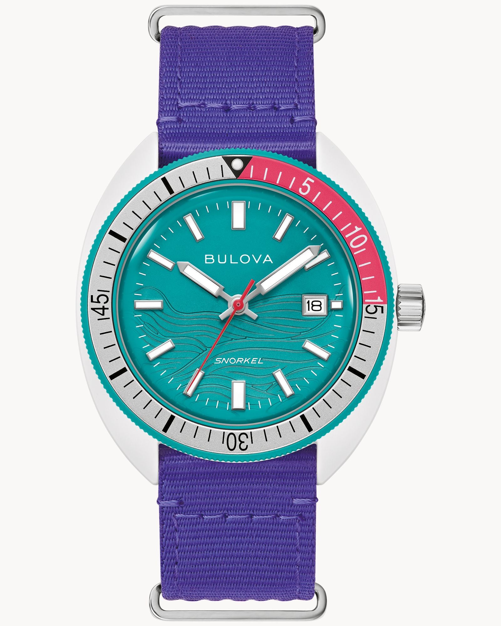 Reloj Bulova Snorkel 98B447 Unisex Esfera Turquesa Correa NATO Púrpura