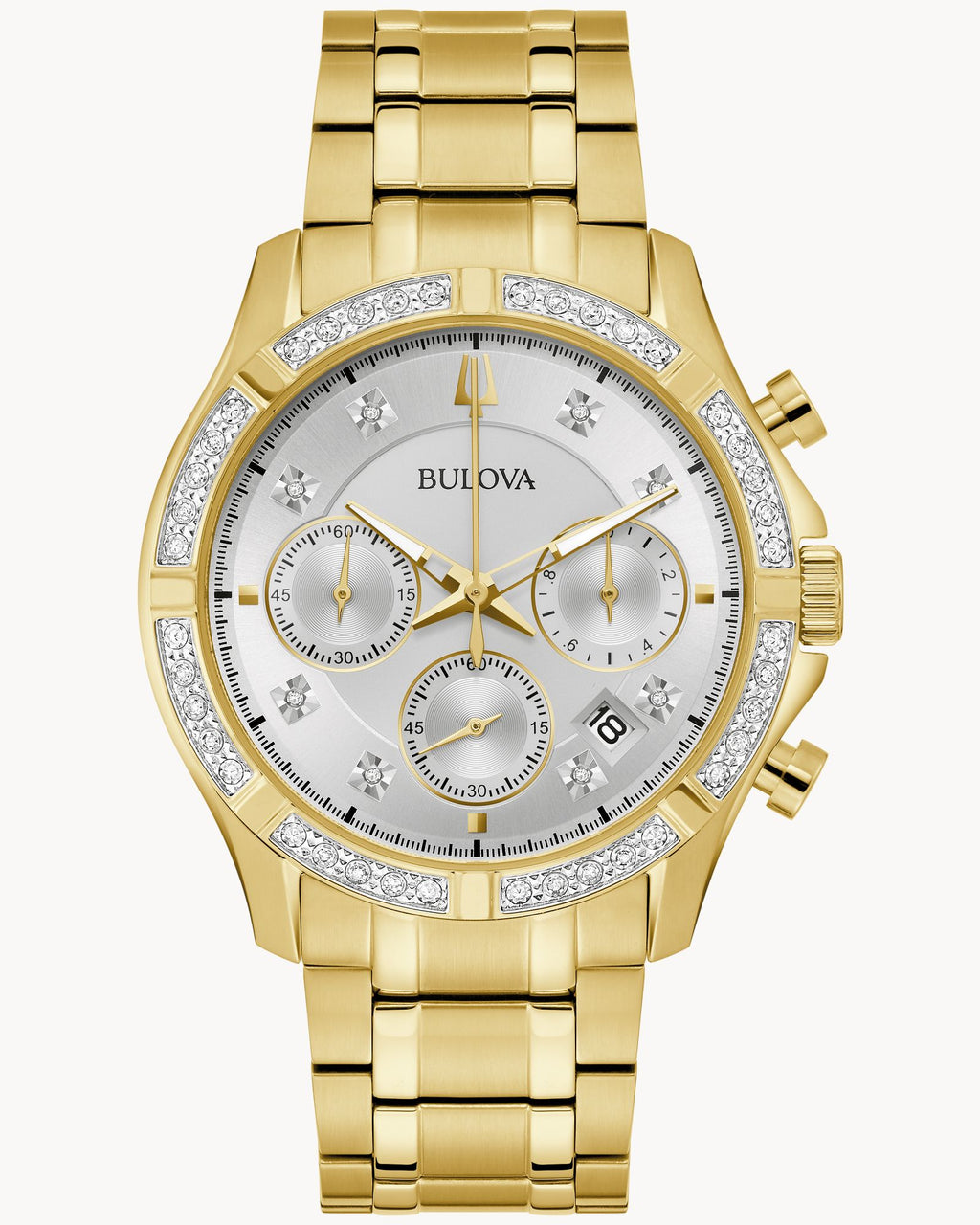 Reloj Bulova Classic 98E113 Hombre Cronógrafo Acero Dorado Esfera Plateada con Diamantes
